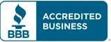 A blue and white logo for an accredited business.