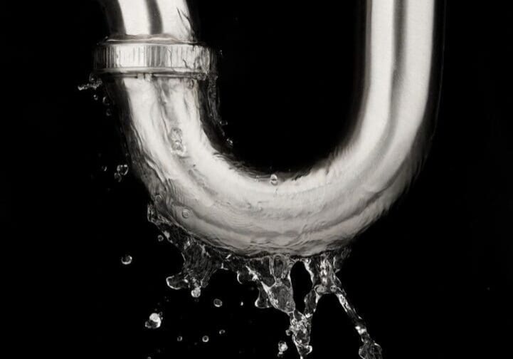 A black and white photo of water flowing out of the side of a pipe.